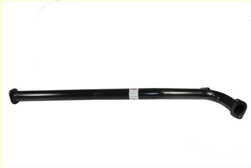 Black metal exhaust pipe with curved end and label from redback performance exhaust system for holden commodore back view