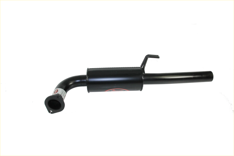 Black cylindrical metal exhaust pipe with curved inlet and handle on top for redback performance holden commodore system back side