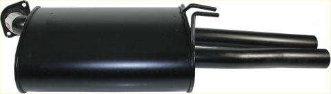 Backside of black cylindrical redback performance exhaust muffler with polished metal finish and dual outlet pipes for holden commodore