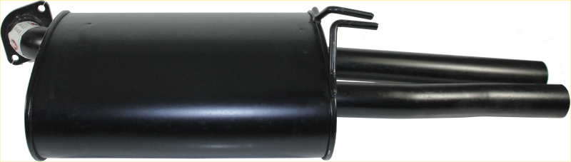 Backside of black cylindrical redback performance exhaust muffler with polished metal finish and dual outlet pipes for holden commodore