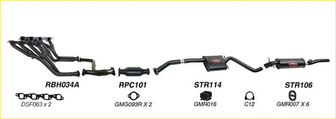 Black redback performance exhaust system components with red logo badges for holden statesman 03 1990 back side view