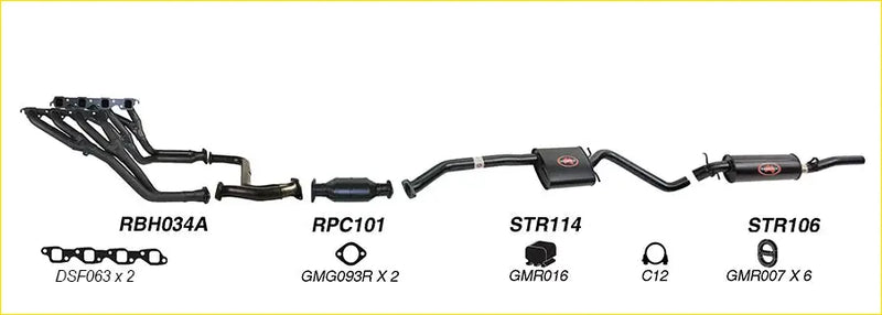 Black redback performance exhaust system components with red logo badges for holden statesman 03 1990 back side view