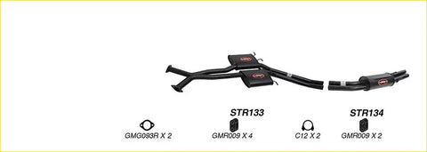 Black Redback performance exhaust system for Holden Statesman with central catalytic converter and red logo badges on back side