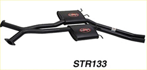 Black redback performance dual exhaust system with rectangular mufflers and red logo for holden statesman back side