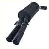 Black dual-exhaust muffler with cylindrical body and two pipes for redback performance exhaust system holden statesman back view