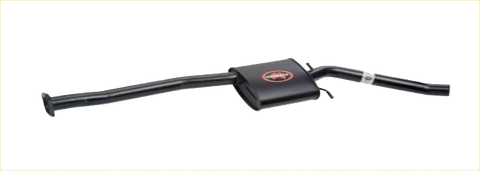 Black carbon fiber handlebar with red circular logo on the central component for redback performance exhaust system