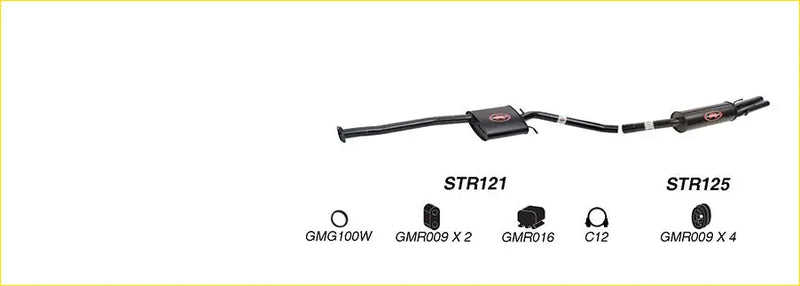 Black Redback performance exhaust system with catalytic converter and red logo for Holden Statesman 1999 back view