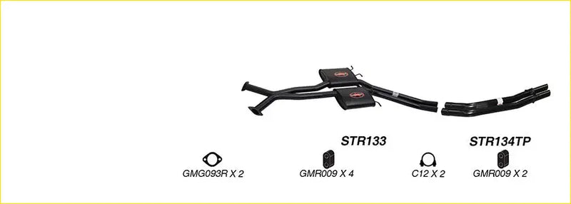 Black redback performance exhaust system for holden statesman with central hump and red logo badges on black metal back side