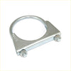 Silver metal exhaust hanger with u-shaped ring and bolted clamps for redback performance exhaust system back side