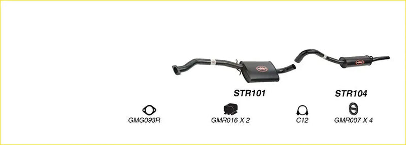 Black Redback performance exhaust system for Holden VL Commodore sedan with box resonator and red logos shown from back side