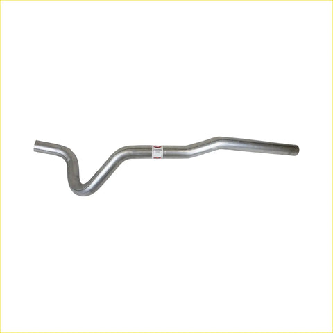 Silver curved metal exhaust tailpipe with smooth finish and small label for redback performance ford falcon 1966