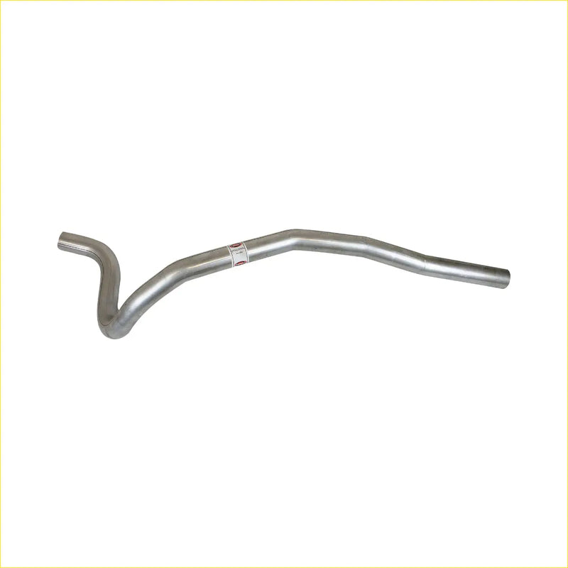 Silver metallic s-shaped exhaust tailpipe with smooth cylindrical surface for redback performance ford falcon 1969 back view
