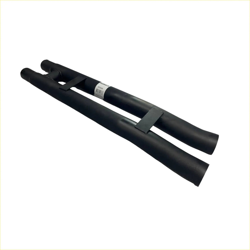 Black rubber exhaust pipe with metal bracket for redback performance h pipe exhaust ford mustang 2015 back side view