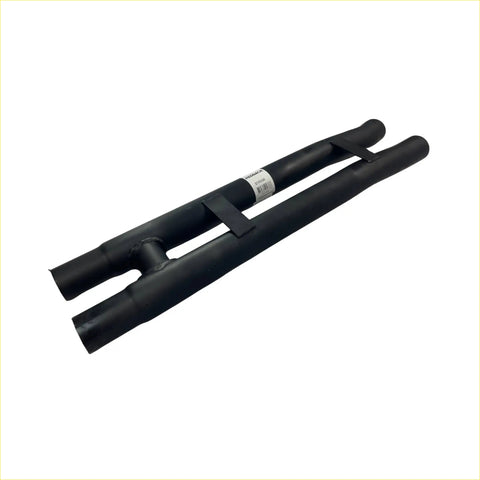 Backside view of black dual exhaust pipe with matte finish and welded metal for redback performance h pipe exhaust ford mustang