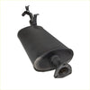Black cylindrical exhaust muffler with flanged base and curved pipes for redback performance headers on toyota landcruiser 75