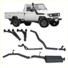 Black aftermarket Redback performance headers and exhaust components for white Toyota Landcruiser 75 from back side