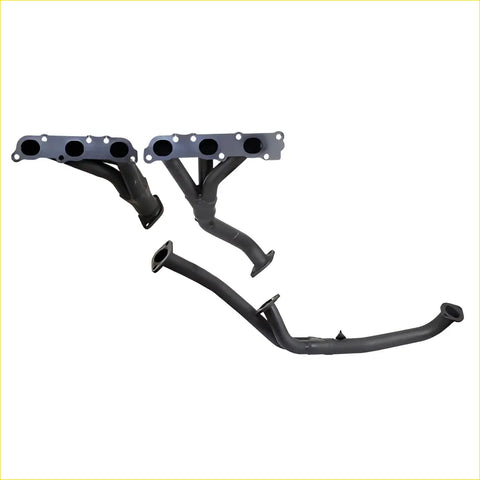 Black metal exhaust manifold and header set with flanged mounts for redback performance headers on toyota landcruiser 80