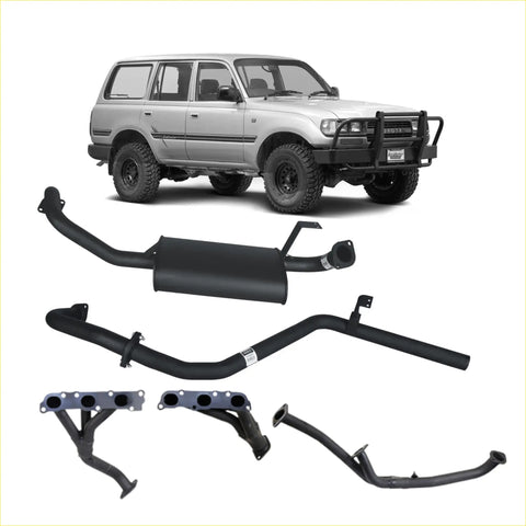 Black redback performance headers and exhaust system components for toyota land cruiser 80 shown from back side