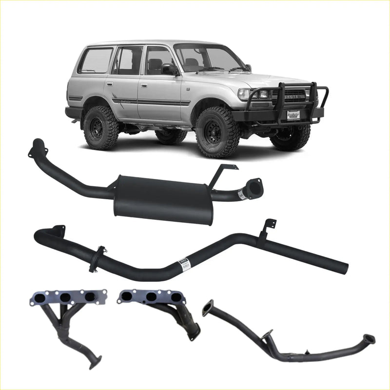 Black redback performance headers and exhaust system components for toyota land cruiser 80 shown from back side