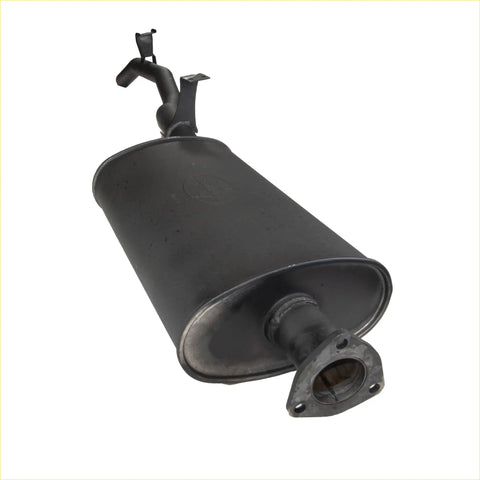 Black cylindrical exhaust muffler with flanged base and curved pipes for redback performance landcruiser tailpipe assembly