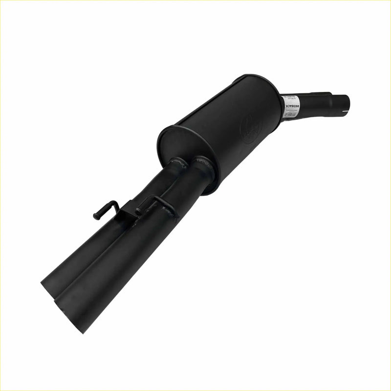 Black matte finished redback rear muffler for holden commodore 57l v8 vt showing dual inlet pipes back side