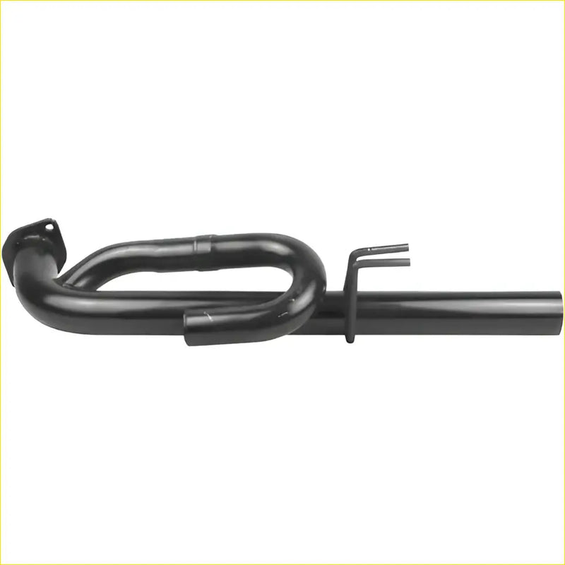 Black metal exhaust pipe with curved section and mounting bracket for redback sports system holden commodore back view