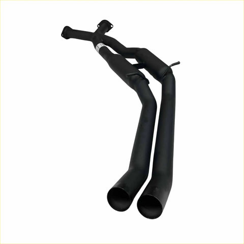 Black dual-exhaust system with matte finish and curved pipes shown from the back for redback twin 2.5 inch hotdog resonators