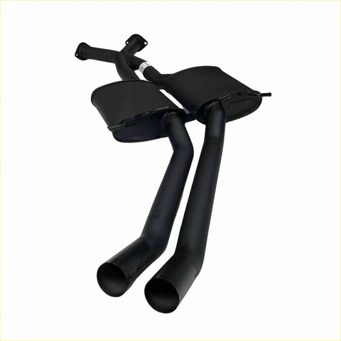 Black matte redback twin 2.5 inch centre mufflers with dual curved pipes shown from the back for holden commodore