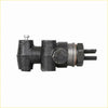 Black cast iron rhd brake load sensing proportioning valve with silver bolt and black rubber fittings front view