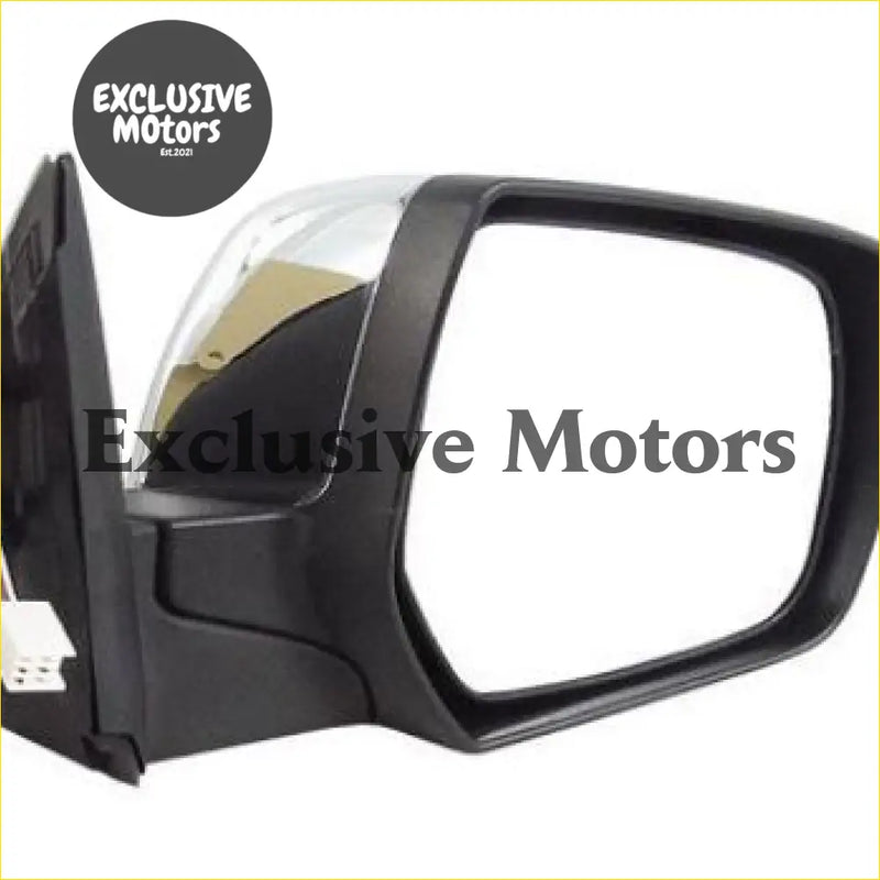 Black plastic right-hand side mirror with chrome accent for Ford Courier electric model 1999-2006 back view