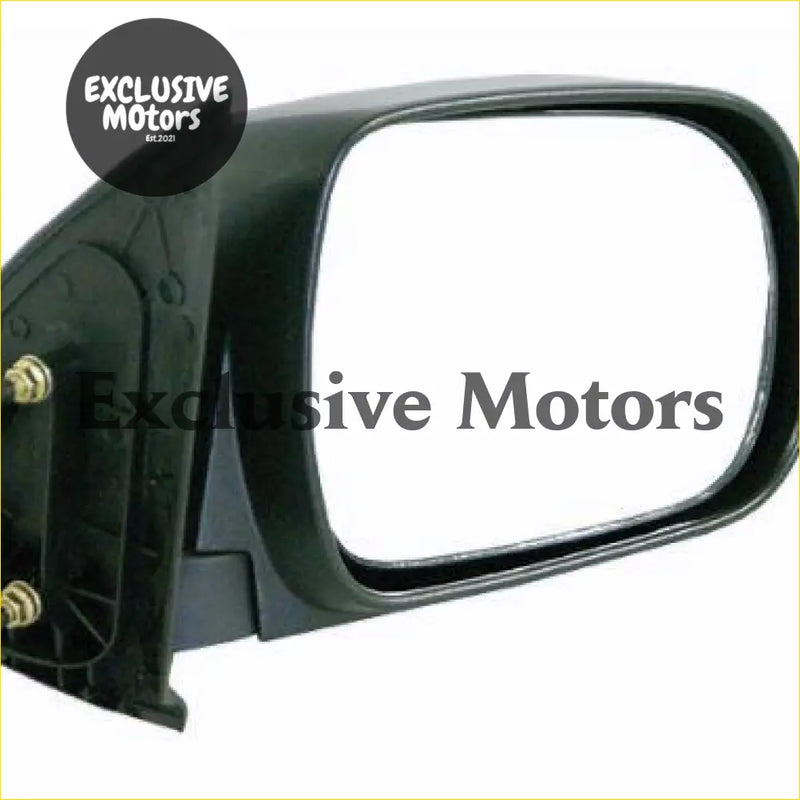 Black plastic right hand side mirror with rectangular reflective surface and mounting hardware for Toyota Hilux 2005-2015