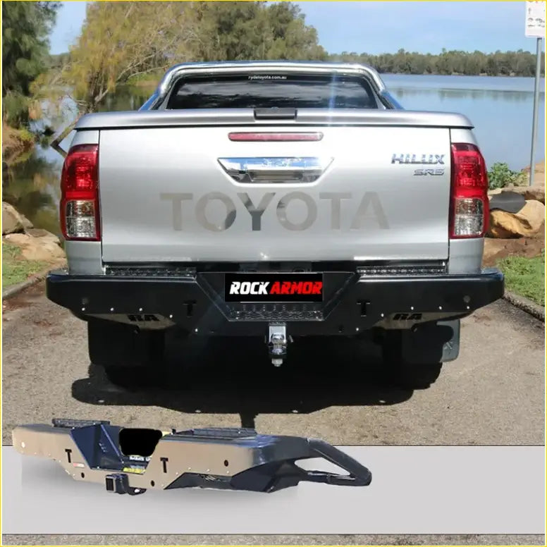 Back view of silver toyota hilux sr5 ute with black steel rockarmor rear step and towbar for offroad 4wd use