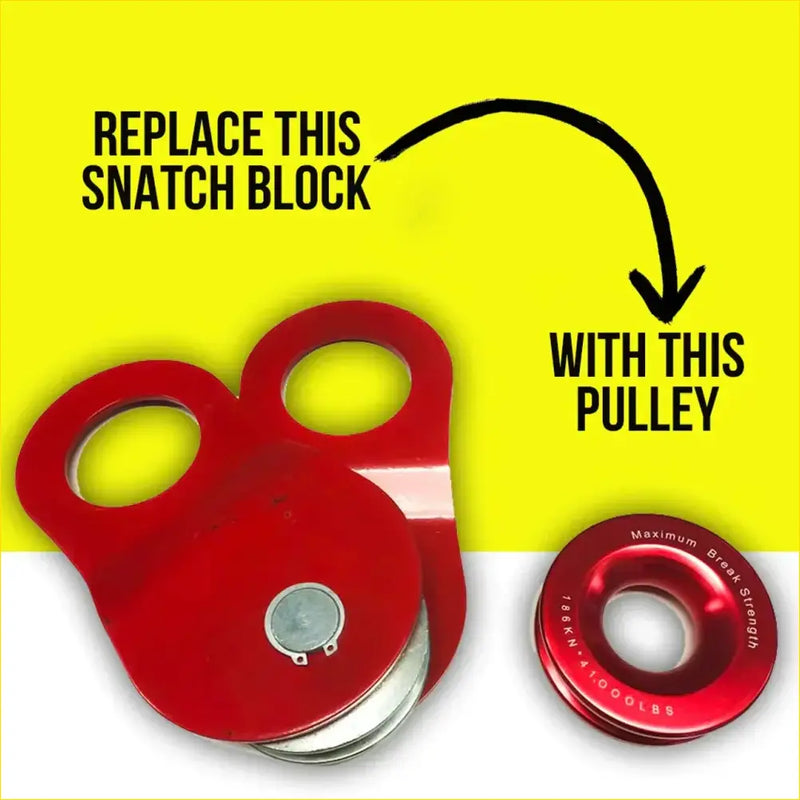 Red aluminum rockarmor 18t soft shackle pulley with silver metal wheel for offroad 4wd and ute rope systems