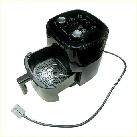 Black glossy rockarmor 4l 12v vehicle air fryer with dual knobs and open perforated basket for 4wd ute offroad use