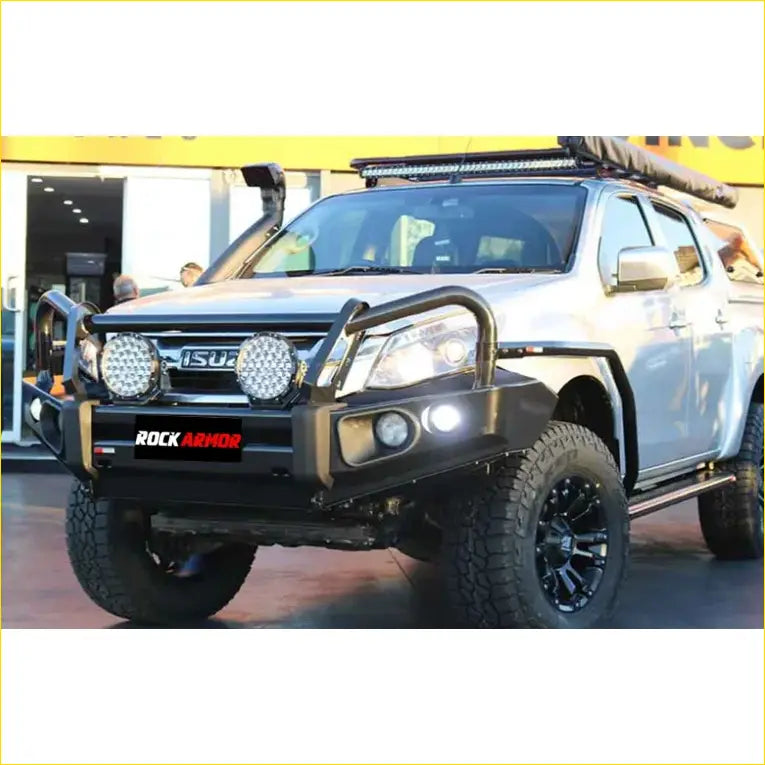 Black rockarmor brushbar with circular led lights rugged offroad front bumper for isuzu dmax 4wd ute 2012-2020