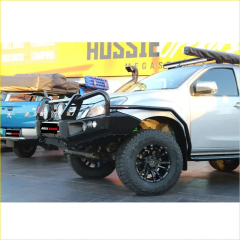 Black metal front bumper guard with integrated lights and rock logo on lower grille for isuzu dmax 4wd ute offroad