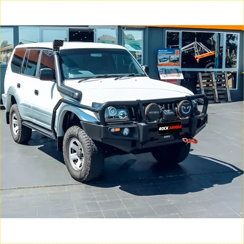 White nissan patrol 4wd with black offroad rockarmor brushbar and lighting for toyota prado 90 and 95 series