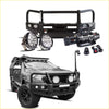 Black rugged steel rockarmor elite bullbar with led lights and winch for ford ranger px ute 4wd offroad use
