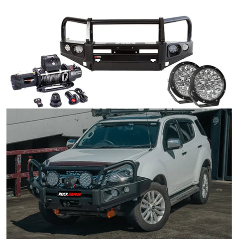 Rockarmor elite bullbar frontal combo in black steel with synthetic winch rope and control box for isuzu dmax 2012-2020