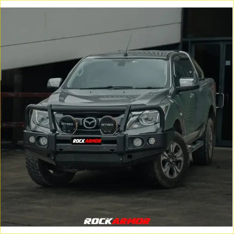 Black rockarmor elite bullbar front bumper with round headlights for offroad 4wd ute mazda bt-50 2012-2019