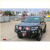 Black toyota fortuner with rockarmor elite bullbar featuring rugged winch hook and red led lights for 4wd offroad use