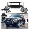 Black metal rockarmor elite bullbar front bumper with lights and accessory mounts for toyota lancruiser 4wd offroad use
