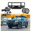 Black metal Rockarmor Elite Bullbar with integrated circular lights and offroad accessory mounts for Toyota Prado 150 4wd ute