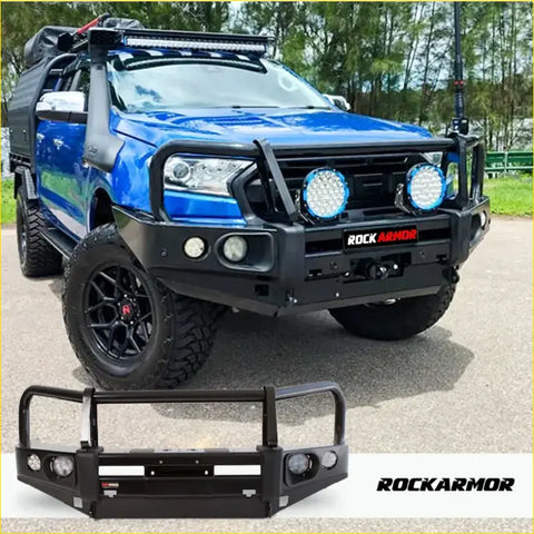 White ford ranger ute with black rockarmor elite hoop steel bullbar and side steps for offroad 4wd use