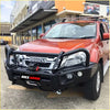 Red isuzu dmax ute with black steel rockarmor elite hoop bullbar front bumper for 4wd and offroad use