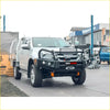 Silver isuzu dmax ute with black rockarmor elite steel bullbar featuring orange accents for offroad 4wd use