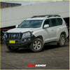 White toyota land cruiser prado 4wd with black steel rockarmor elite bullbar and roof rack for offroad use