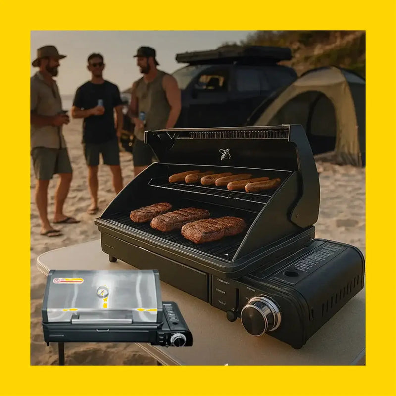 Black portable gas grill rockarmor gas bbq with stainless steel lid and control knobs for outdoor cooking