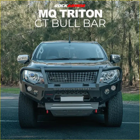 Black rockarmor gt hoop bullbar combo pack mounted on mitsubishi mq triton 4wd ute for tough offroad protection