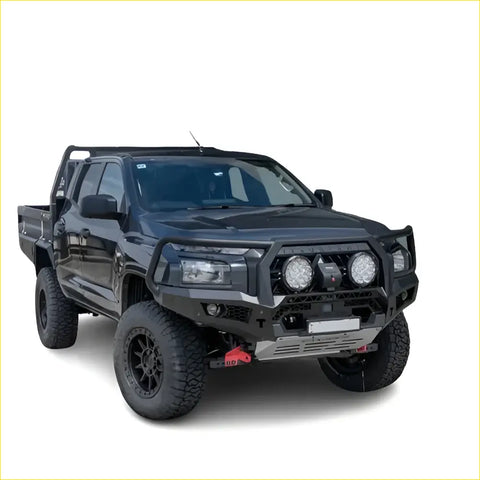 Black matte rockarmor gt hoop bullbar combo pack with rugged bumper and led lights for mitsubishi mv triton 4wd ute offroad